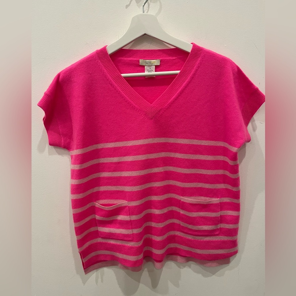 Crewcuts Girls Size 12 Cashmere Short Sleeve Pullover Pink White Stripes Sweater